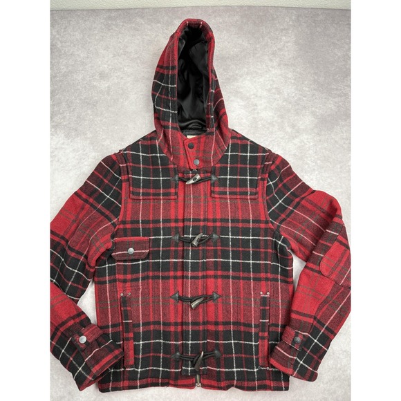 Triple Five Soul Jacket Mens Small Plaid Wool Hooded Duffle Toggle Coat - Picture 1 of 16
